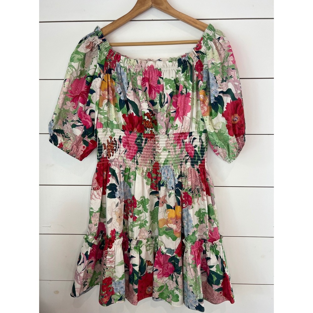 Cara Cara Floral Smocked Mini Dress Pink Cotton Puff Sleeve cottagecore wedding